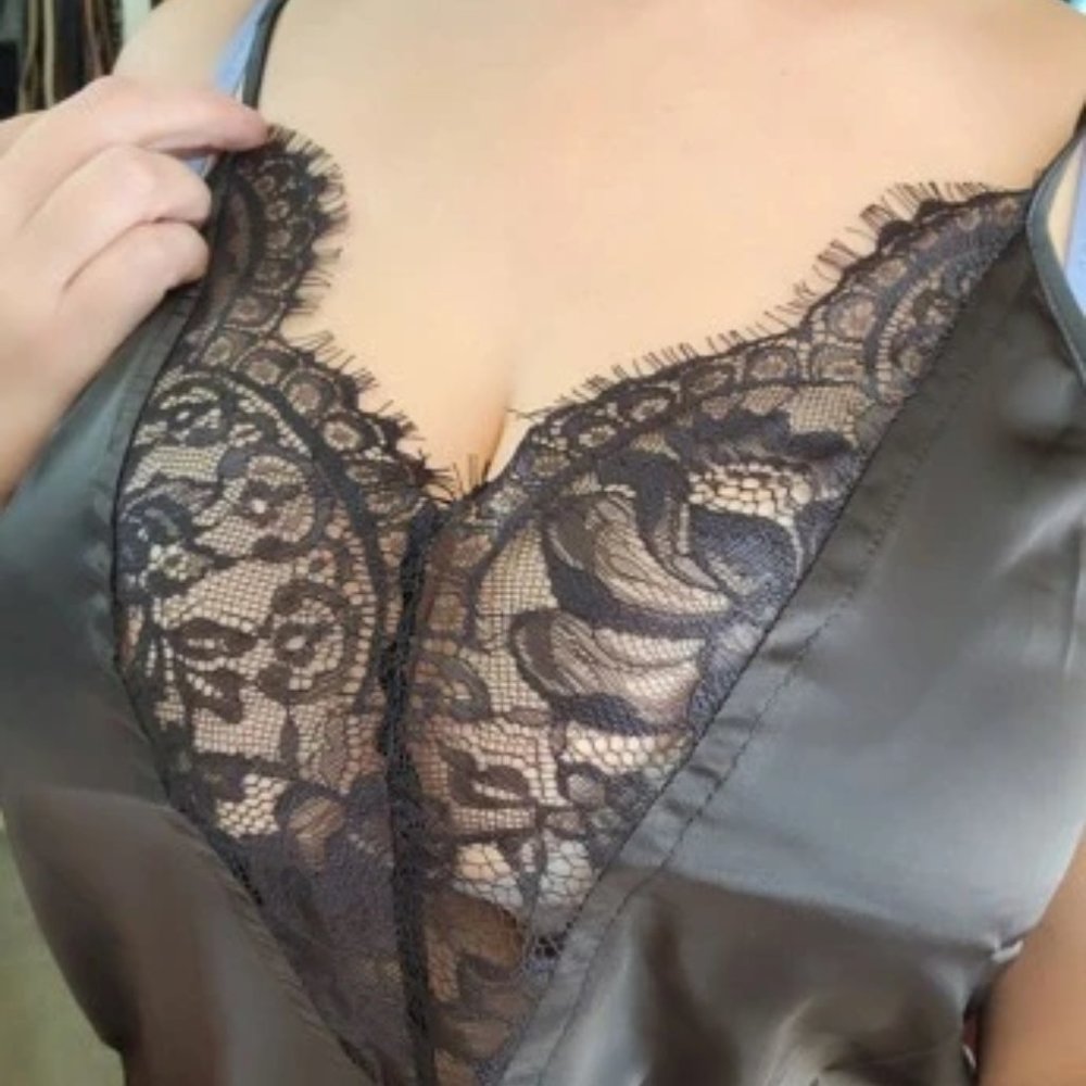 Eyelash Lace Trim Satin Cami Top - Picture 7 of 7